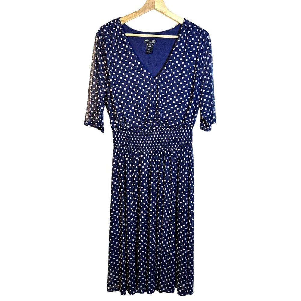 Kate & Lily Blue White Polka Dot V-Neck Midi Dress Elbow-Length‎ Sleeves Size 16